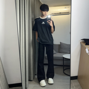 早秋美高街纯黑色弹力修身直筒大码微喇情侣牛仔裤男K860-P50图片