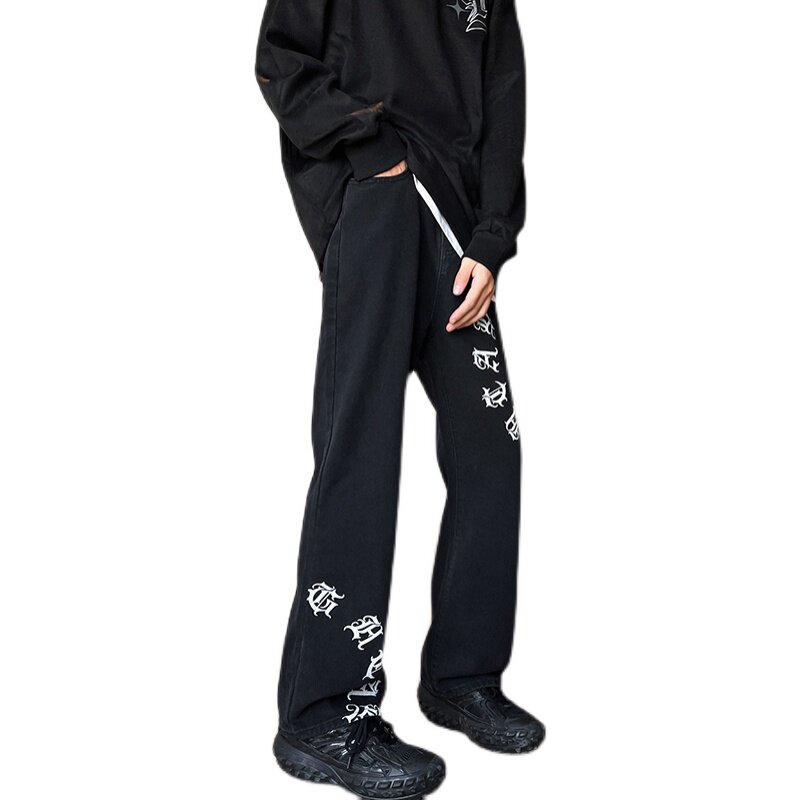 早秋美式高街微喇叭vibe梵文牛仔裤嘻哈宽松百搭休闲裤男K606-P35,男装牛仔裤,星座205
