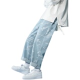 夏季薄款浅色美式高街潮牌痞帅牛仔裤男直筒满印休闲裤K117-P50，男装牛仔裤，星座205