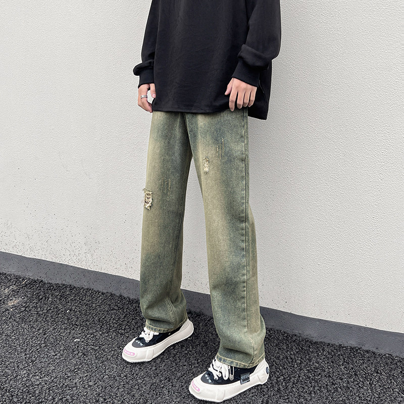 秋冬高街vibe宽松牛仔裤黄泥染直筒休闲裤男K636-P58控78,男装牛仔裤,星座205