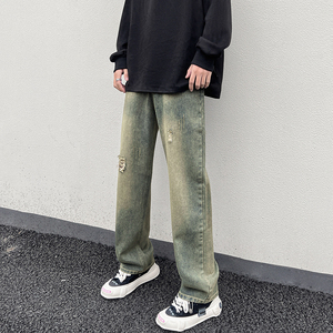 秋冬 高街vibe宽松牛仔裤黄泥染直筒休闲裤男 K636-P58 控78图片