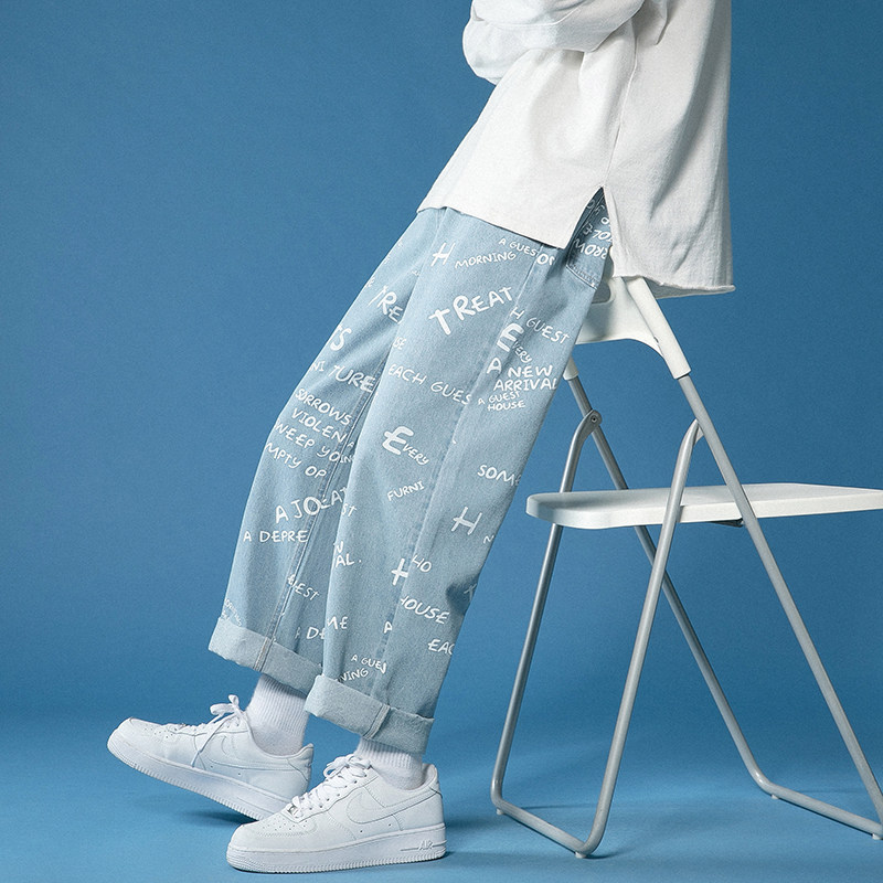 夏季薄款浅色美式高街潮牌痞帅牛仔裤男直筒满印休闲裤K117-P50，男装牛仔裤，星座205