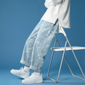 夏季薄款浅色美式高街潮牌痞帅牛仔裤男直筒满印休闲裤 K117-P50，男装牛仔裤，星座205
