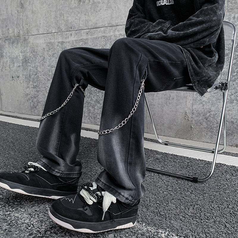 早秋高街vibe黑色扎染设计感链条修身微喇牛仔裤男K880-P55控78,男装牛仔裤,星座205