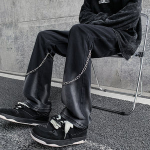 早秋高街vibe黑色扎染设计感链条修身微喇牛仔裤男 K880-P55 控78图片