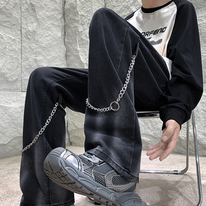 早秋高街vibe黑色扎染设计感链条修身微喇牛仔裤男 K880-P55 控78图片