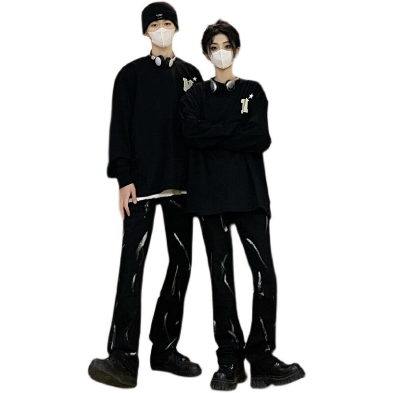 情侣高街美式vibe微喇扎染修身牛仔裤男黑色休闲裤K883-P55,男装牛仔裤,星座205