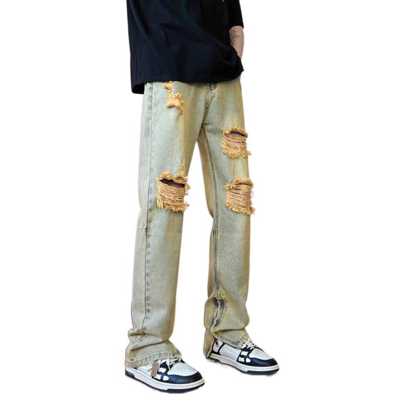春夏高街vibe修身破洞黄泥染拉链牛仔裤男K822-K823-P65控88,男装牛仔裤,星座205