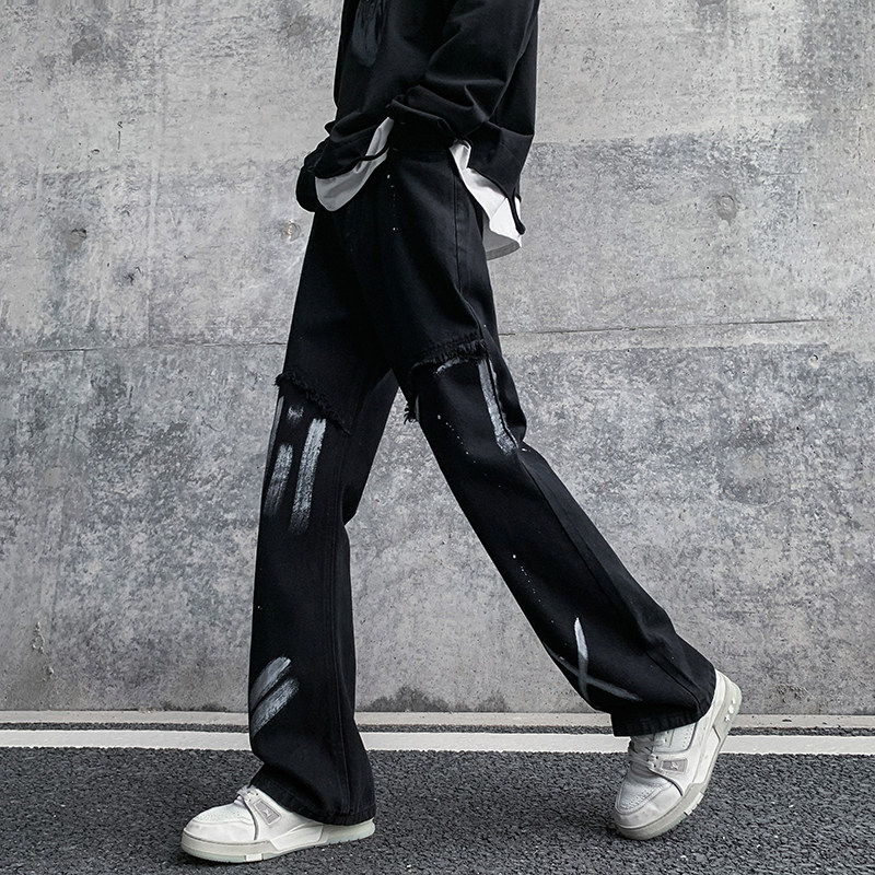 早秋高街美式vibe微喇扎染修身牛仔裤男黑色休闲裤K883-P55控78,男装牛仔裤,星座205
