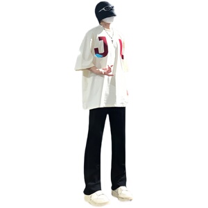 早秋美高街纯黑色弹力修身直筒大码微喇情侣牛仔裤男K860-P50图片