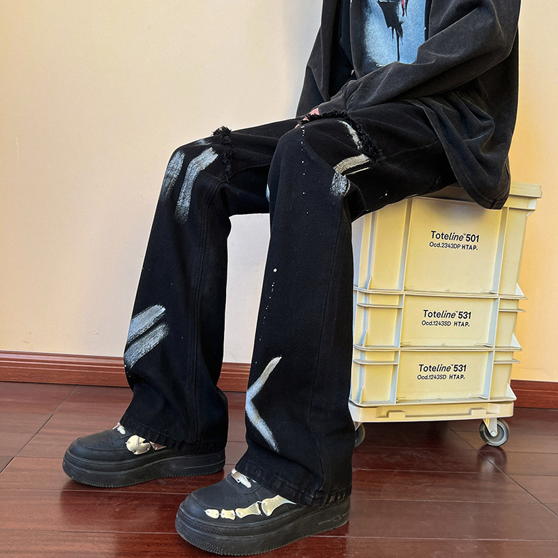 早秋高街美式vibe微喇扎染修身牛仔裤男黑色休闲裤K883-P55控78,男装牛仔裤,星座205