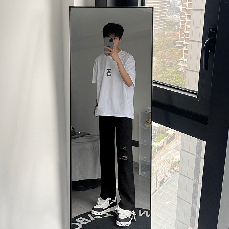 早秋美高街纯黑色弹力修身直筒大码微喇情侣牛仔裤男K860-P50,男装牛仔裤,星座205