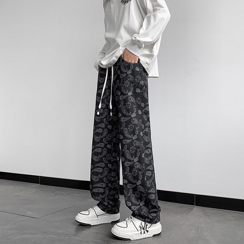 松紧腰欧美街头满印刺绣高街抽绳腰果花大码宽松牛仔裤男K227-P45，男装牛仔裤，星座205