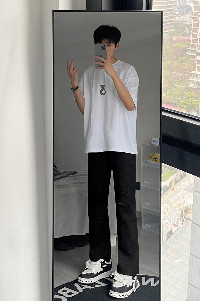 早秋美高街纯黑色弹力修身直筒大码微喇情侣牛仔裤男K860-P50,男装牛仔裤,星座205