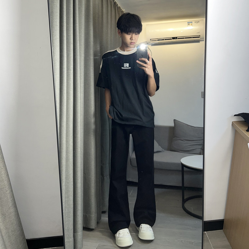 早秋美高街纯黑色弹力修身直筒大码微喇情侣牛仔裤男K860-P50,男装牛仔裤,星座205