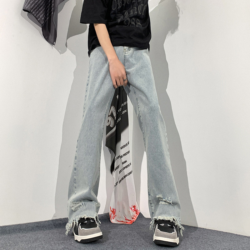 春夏美式vibe裤高街黑色破洞微喇直筒毛边牛仔裤男K890-P55，男装牛仔裤，星座205