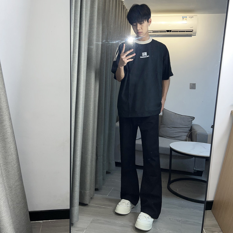 早秋美高街纯黑色弹力修身直筒大码微喇情侣牛仔裤男K860-P50,男装牛仔裤,星座205