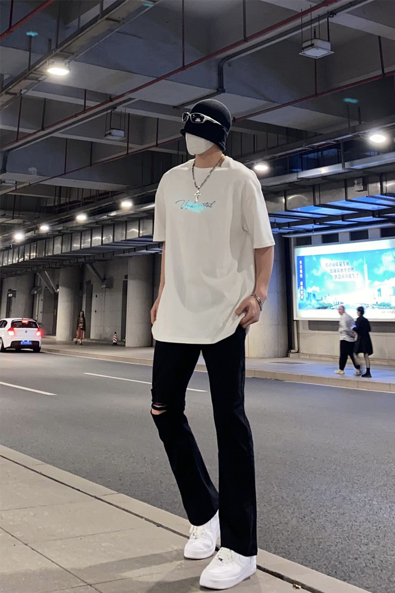 早秋美高街纯黑色弹力修身直筒大码微喇情侣牛仔裤男K860-P50,男装牛仔裤,星座205