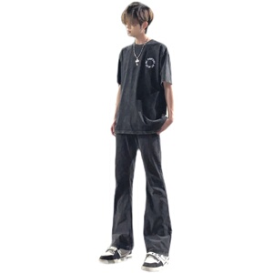 早秋美高街纯黑色弹力修身直筒大码微喇情侣牛仔裤男K860-P50图片