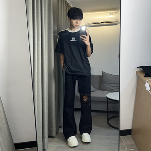 早秋美高街纯黑色弹力修身直筒大码微喇情侣牛仔裤男K860-P50,男马丁靴搭配什么款式衣服好图片