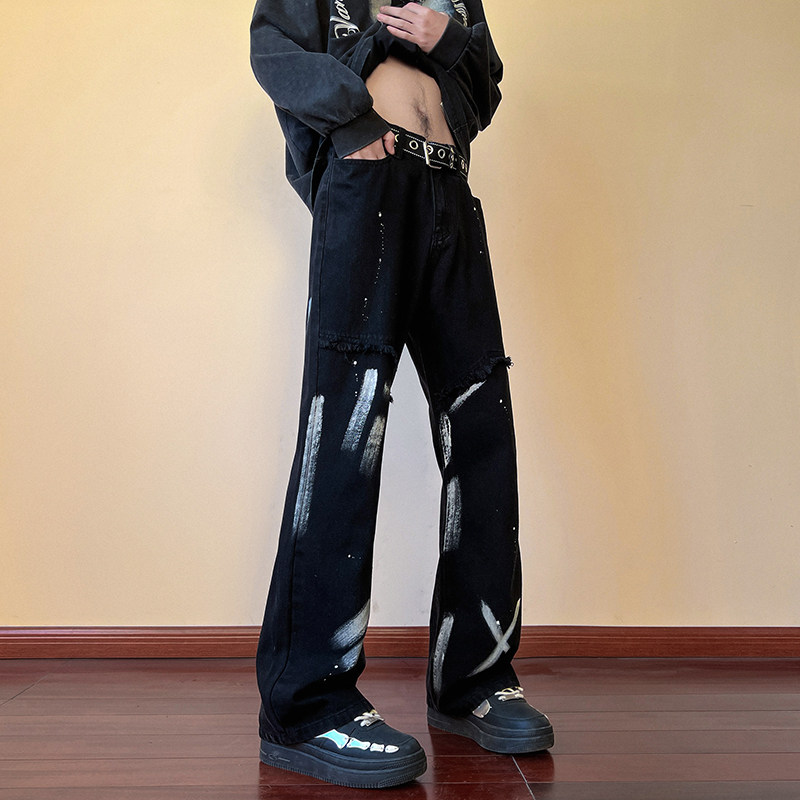 早秋高街美式vibe微喇扎染修身牛仔裤男黑色休闲裤 K883-P55 控78图片