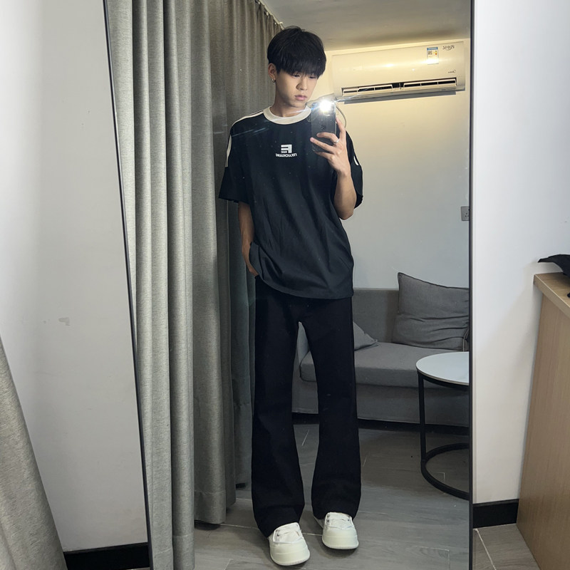 早秋美高街纯黑色弹力修身直筒大码微喇情侣牛仔裤男K860-P50,男装牛仔裤,星座205