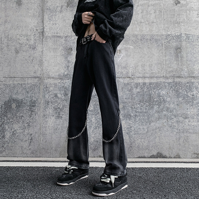 早秋高街vibe黑色扎染设计感链条修身微喇牛仔裤男 K880-P55 控78图片