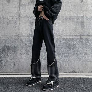 早秋高街vibe黑色扎染设计感链条修身微喇牛仔裤男 K880-P55 控78图片