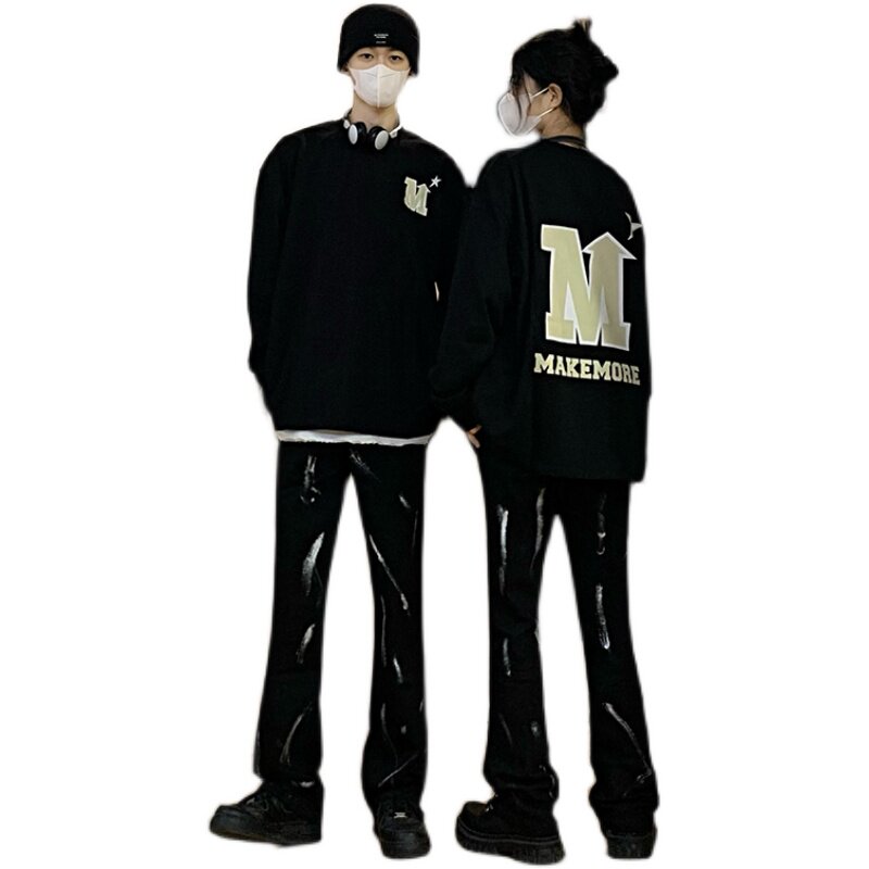 情侣高街美式vibe微喇扎染修身牛仔裤男黑色休闲裤K883-P55,男装牛仔裤,星座205