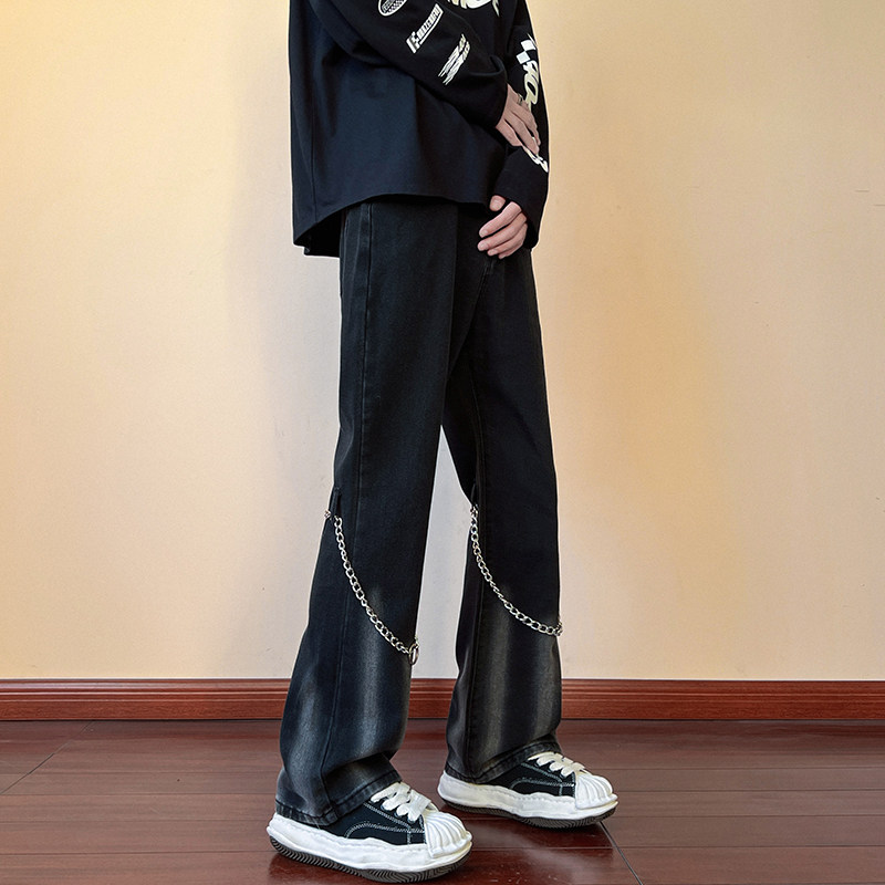 早秋高街vibe黑色扎染设计感链条修身微喇牛仔裤男 K880-P55 控78图片