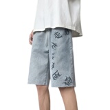 高街欧美涂鸦设计感vibe毛边五分宽松薄款牛仔短裤男K506-P40，男装牛仔裤，星座205