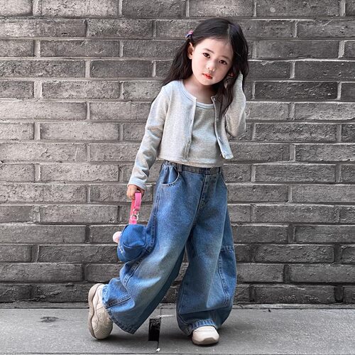 女童装牛仔裤子直筒阔腿弯刀百搭