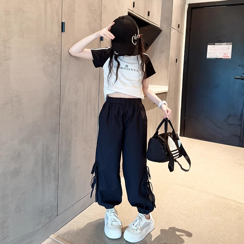 女童套装夏装2025新款儿童洋气速干工装裤大童女孩短款t恤两件套
