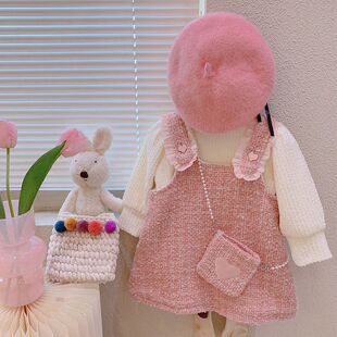 女童装2023新款冬装女宝宝小香风连衣裙子中小童韩版背带粉色套装