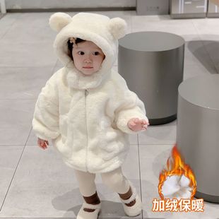 冬季新款女童装加绒加厚毛毛衣韩版纯色女宝宝时髦保暖连帽外套白