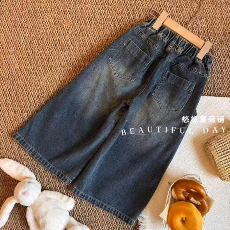 女童装牛仔裤子2025秋冬加绒宽松阔腿直筒韩版时髦设计感假两件潮