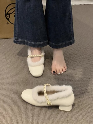 粗跟玛丽珍鞋女冬2024新款法式晚风毛毛鞋女外穿加绒仙女高跟单鞋