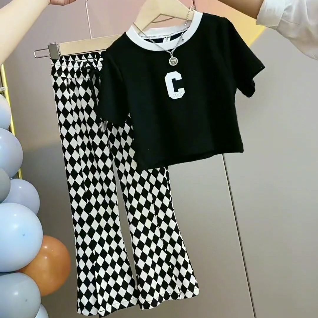 女童夏季套装网红炸街儿童冰丝裤子新款短袖t恤宝宝运动时髦C字潮