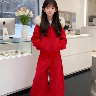 女童巨好看冬装套装初中生女孩时尚洋气加绒加厚外套红色过年衣服