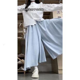 2025小个子大童弹力高腰褶皱半身裙裤 新款 夏季 女童蓝色宽松休闲裤