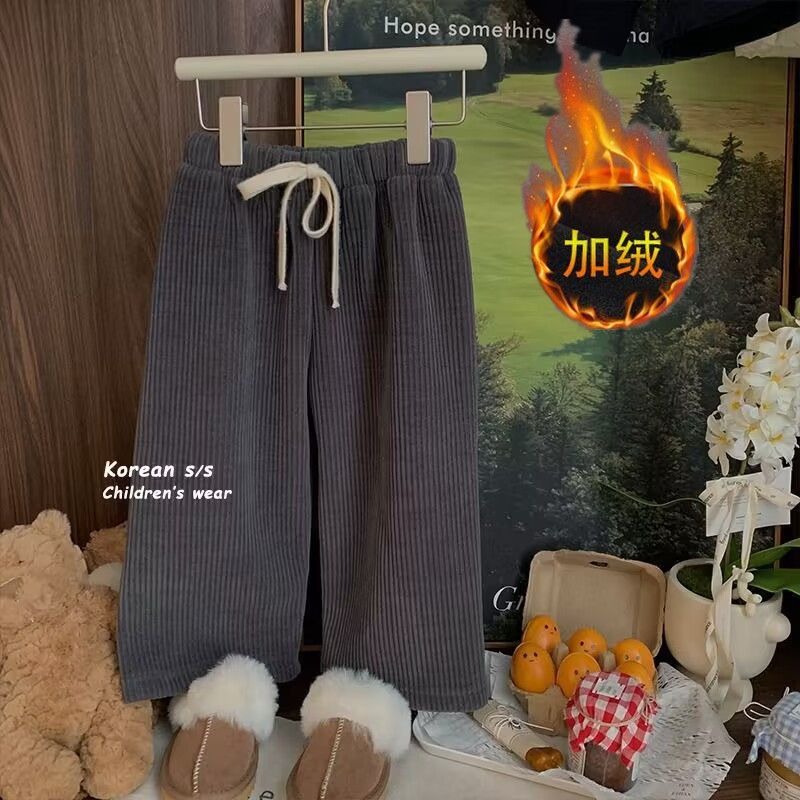 女童加绒阔腿裤秋冬季新款小女孩韩版灯芯绒直筒裤百搭加厚长裤