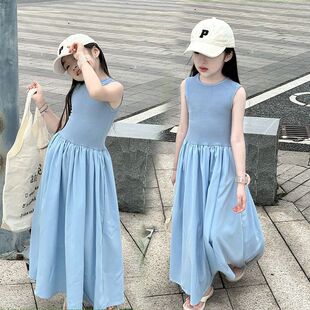 女童连衣裙2026新款夏季冰丝儿童赫本风蓝色裙子童装大童女装夏款