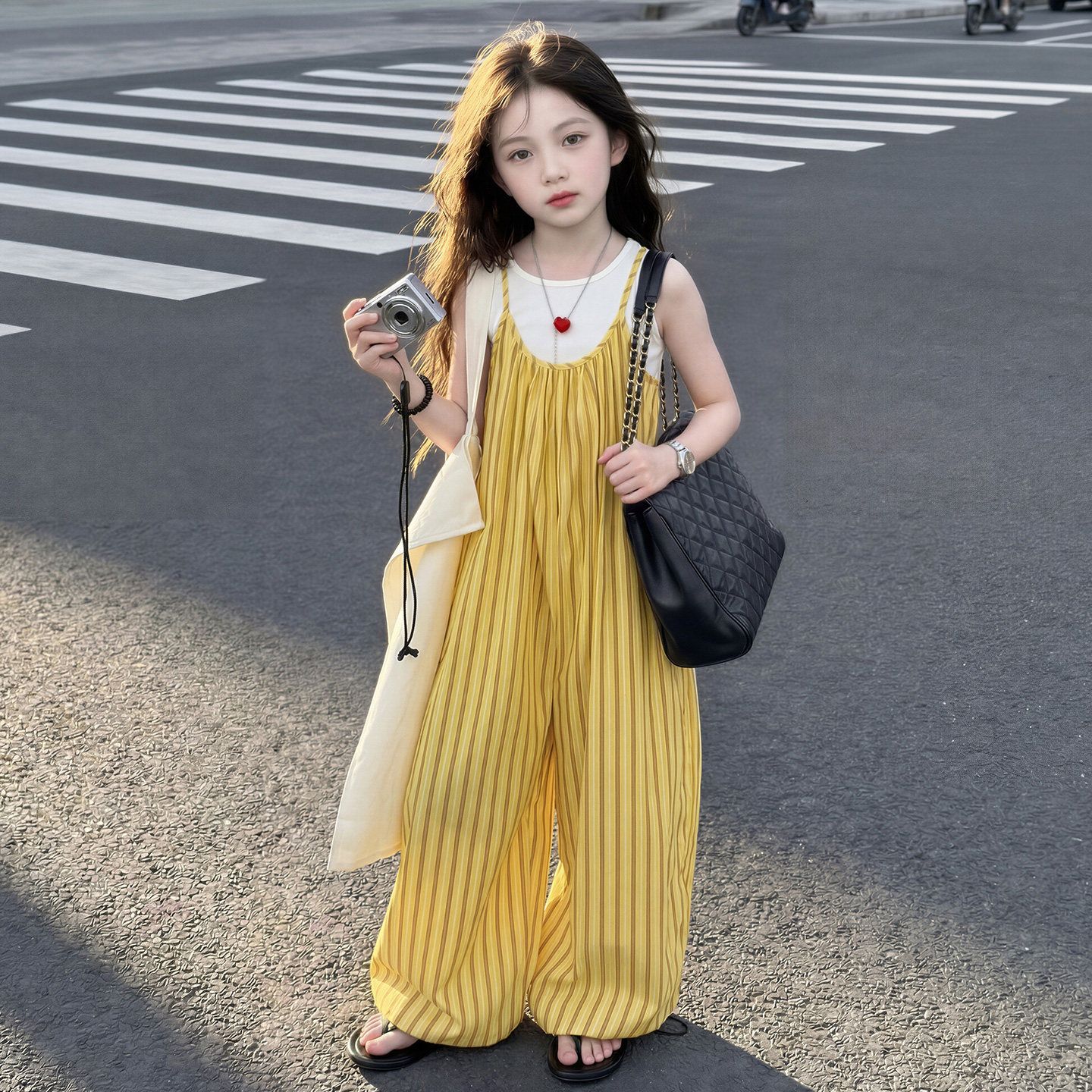 女童套装度假风夏季2026新款儿童黄色条纹背带裤超好看多巴胺穿搭图片