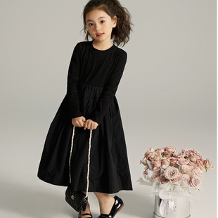 春秋季女童长袖韩系黑色赫本风长裙子超好看高级感洋气连衣裙