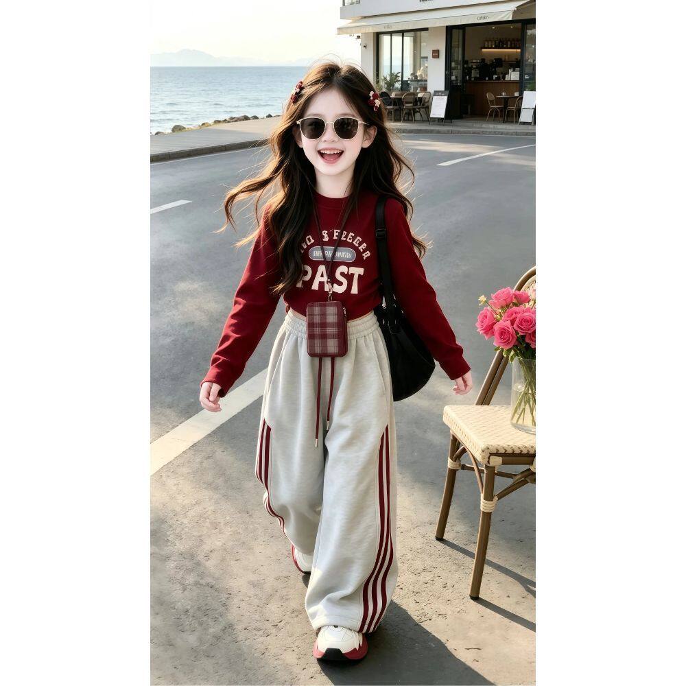 女童春秋装爵士舞套装2026休闲卫裤宝宝修身打底衫潮学生红色走秀