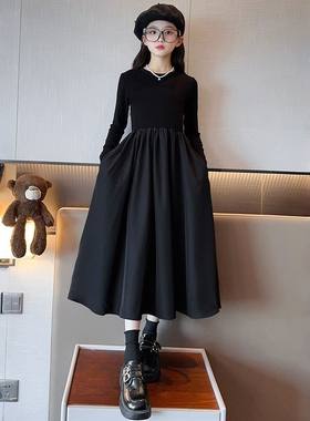 女童连衣裙秋季儿童小黑裙休闲长裙女大童洋气大摆裙时髦长袖裙子