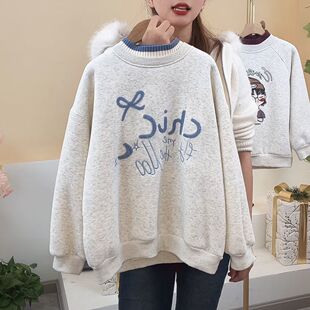 女童冬季加绒卫衣2026新款儿童韩版洋气中大童圆领假两件加厚上衣