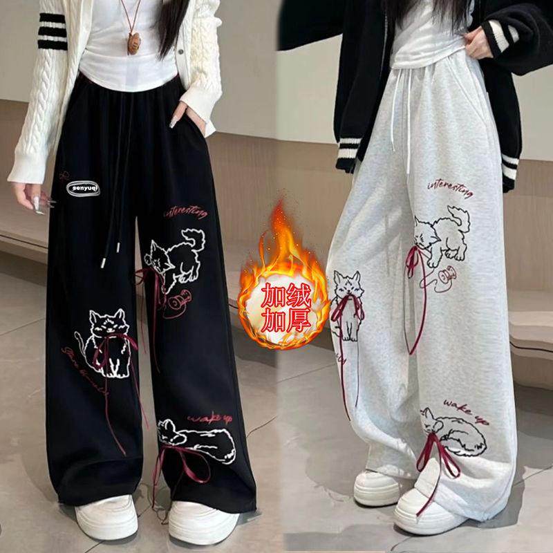 女童涂鸦猫咪印花蝴蝶结休闲裤秋冬季加绒慵懒风宽松直筒阔腿裤,童装/婴儿装/亲子装,裤子,淘宝优惠券,粉丝福利购,淘宝优惠卷