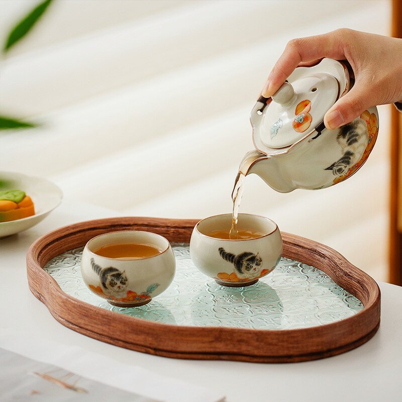 汝窑瓷功夫茶具如意壶釉下彩家用