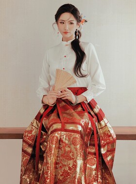 花野白鹤[梦璃花影]新中式国风红色织金马面裙汉服婚婚服敬酒服